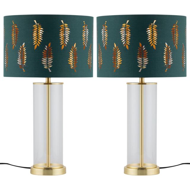 First Choice Lighting Set of 2 Aura - Satin Brass Lamps with Green Fern Cut Out Shades in Gold - image 1