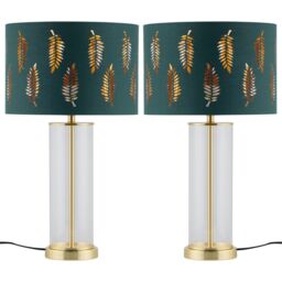 First Choice Lighting Set of 2 Aura - Satin Brass Lamps with Green Fern Cut Out Shades in Gold