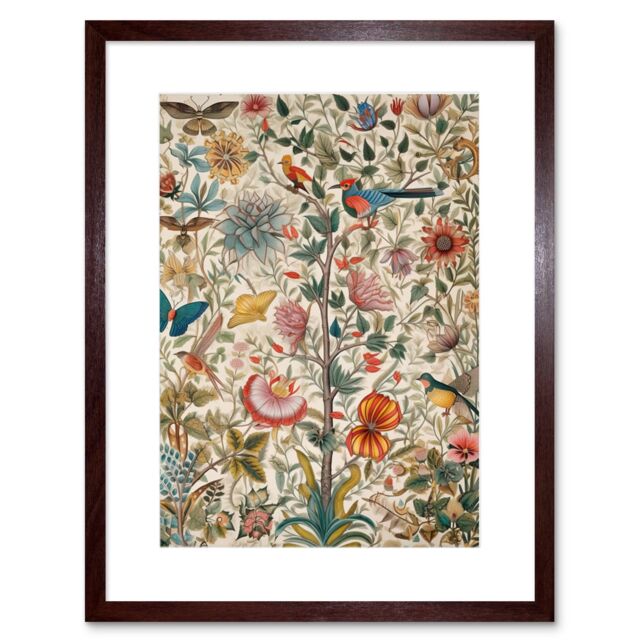 "Artery8 Wall Art Print Butterflies & Flower Plants Pattern Folk Art Watercolour Painting Artwork Framed 9X7 Inch in Brown - Size: W7"" x H9""" - image 1