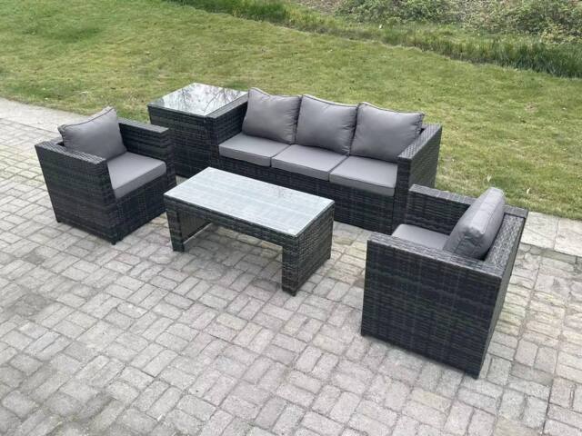 Fimous Lounge Rattan Sofa Set Outdoor Garden Furniture Oblong Rectangular Coffee Table in Dark Grey - image 1