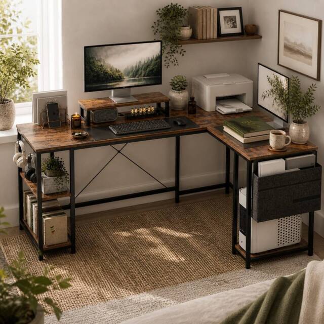 Wyld Haus Lesano 168cm Rustic Reversible L Shaped Desk Monitor Stand & Shelves in Brown - image 1