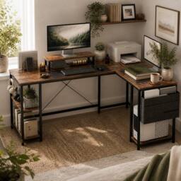 Wyld Haus Lesano 168cm Rustic Reversible L Shaped Desk Monitor Stand & Shelves in Brown