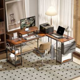Wyld Haus Lesano 168cm Rustic Reversible L Shaped Desk Monitor Stand & Shelves in Brown - thumbnail 3