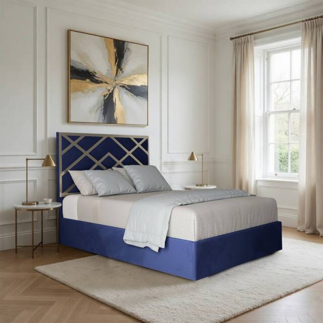 Casani Mallerstang Upholstered Soft Velvet Blue Metal Designer Bed Frame - Size: Small Double - image 1