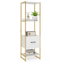 Gymax 5-Tier Bookshelf With Drawer Tall Narrow Bookcase Display Shelves in White - thumbnail 1