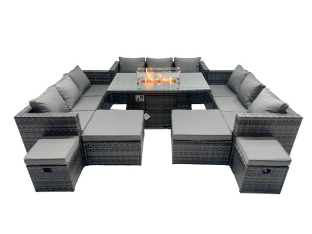 Fimous Rattan Garden Furniture Firepit Dining Set 13 Seater Lounge Sofa Table Set with 4 Footstools in Dark Grey - image 1