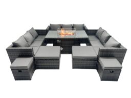 Fimous Rattan Garden Furniture Firepit Dining Set 13 Seater Lounge Sofa Table Set with 4 Footstools in Dark Grey - thumbnail 1