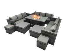 Fimous Rattan Garden Furniture Firepit Dining Set 13 Seater Lounge Sofa Table Set with 4 Footstools in Dark Grey - thumbnail 2