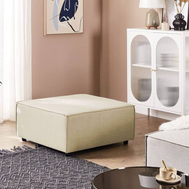 Wyld and Coco Beige Faux Linen Square Ottoman Modern Footstool - image 1