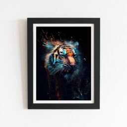 "Warren Reed - Designer Tiger Face Splashart Dark Background Framed Art Print in Black - Size: W20"" x H30""" - thumbnail 1