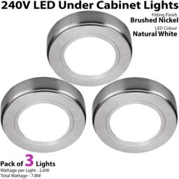 Loops 3x BRUSHED NICKEL Round Surface or Flush Under Cabinet Kitchen Light Kit - 240V Mains Powered - Natural White LED in Metallics - thumbnail 2