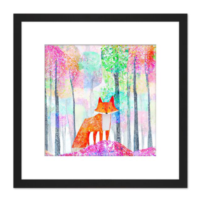 Artery8 Fox in Forest Colourful Splatter Pink Orange Watercolour Painting Square Wooden Framed Wall Art Print Picture 8X8 Inch in Black - image 1