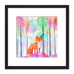 Artery8 Fox in Forest Colourful Splatter Pink Orange Watercolour Painting Square Wooden Framed Wall Art Print Picture 8X8 Inch in Black - thumbnail 1