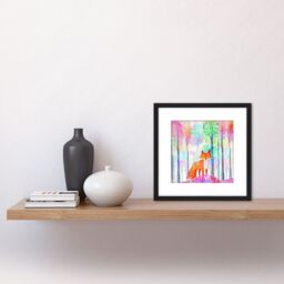 Artery8 Fox in Forest Colourful Splatter Pink Orange Watercolour Painting Square Wooden Framed Wall Art Print Picture 8X8 Inch in Black - thumbnail 2
