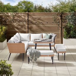 FurnitureboxUK Seychelles 9 Seater Outdoor Garden Sofa Set - PE Rattan & Wood Effect Garden Sofa & Table - 5 Seater Corner Sofa, 2 benches, Garden - thumbnail 2
