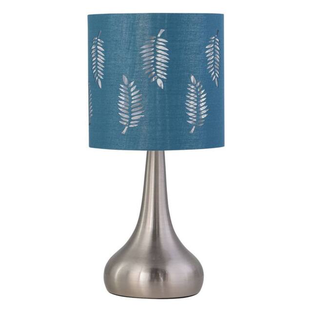 First Choice Lighting Romana - Brushed Chrome Touch Operated Table Lamp with Teal Fern Shade in Silver - image 1