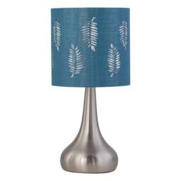 First Choice Lighting Romana - Brushed Chrome Touch Operated Table Lamp with Teal Fern Shade in Silver - thumbnail 1