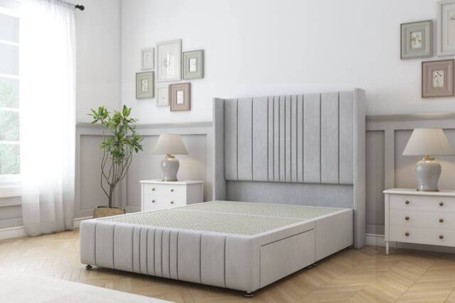 "Sloomy Hargrave Naples Divan Base 2 Drawers -54"" Wingback & 12"" Footboard in Silver - Size: Super King" - image 1