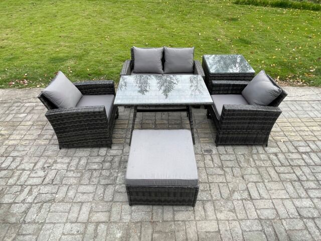 Fimous Outdoor Garden Furniture High Back Rattan Sofa Dining Table Set with Big Footstool Side Table in Dark Grey
