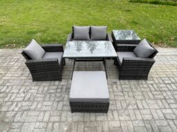 Fimous Outdoor Garden Furniture High Back Rattan Sofa Dining Table Set with Big Footstool Side Table in Dark Grey - thumbnail 1