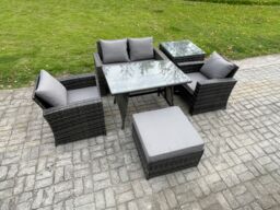 Fimous Outdoor Garden Furniture High Back Rattan Sofa Dining Table Set with Big Footstool Side Table in Dark Grey - thumbnail 2