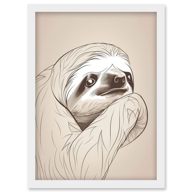 Artery8 Sloth Line Drawing Illustration with Highlights Artwork Framed Wall Art Print A4 in White - image 1