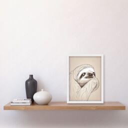 Artery8 Sloth Line Drawing Illustration with Highlights Artwork Framed Wall Art Print A4 in White - thumbnail 2