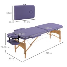 HOMCOM Wooden Folding Spa Beauty Massage Table w/ 2 Sections, Carry Bag in Purple - Size: Single - thumbnail 3