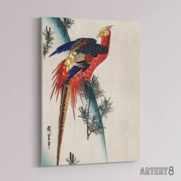 "Artery8 Pheasant & Small Pine Canvas Wall Art Print Utagawa Hiroshige in Red - Size: W18"" x H24""" - thumbnail 2