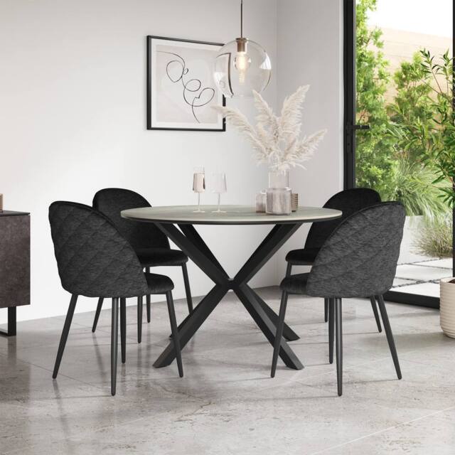 More4Homes Calne Light grey Ceramic Round Dining Table & 6 Raye Velvet Chairs in Black - image 1