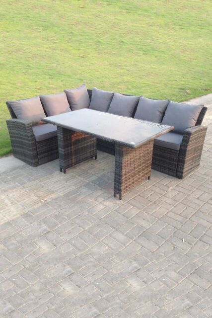 Fimous 6 Seater High Back Rattan Set Corner Sofa With Black Tempered Glass Dining Table in Dark Grey - image 1