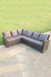 Fimous 6 Seater High Back Rattan Set Corner Sofa With Black Tempered Glass Dining Table in Dark Grey - thumbnail 2