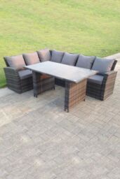 Fimous 6 Seater High Back Rattan Set Corner Sofa With Black Tempered Glass Dining Table in Dark Grey - thumbnail 1