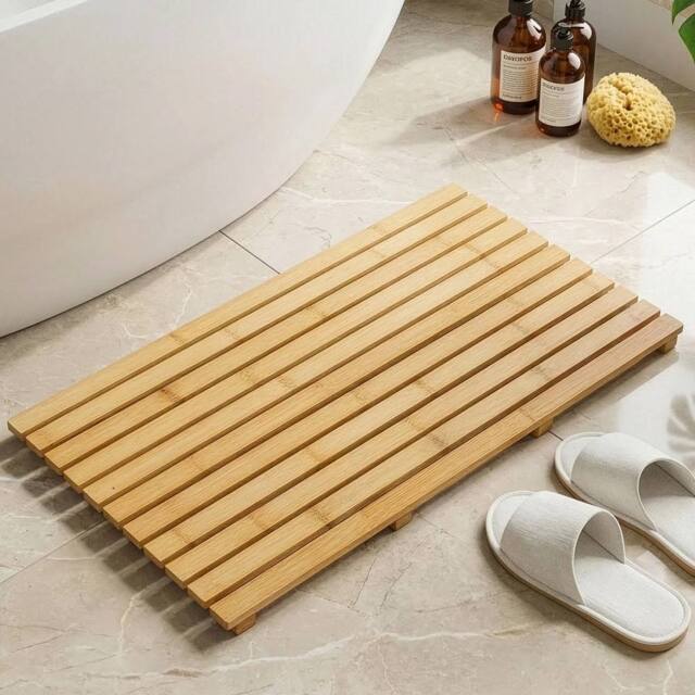 VOGREX Bamboo Wooden Non-Slip Bath Mat in Tan - image 1