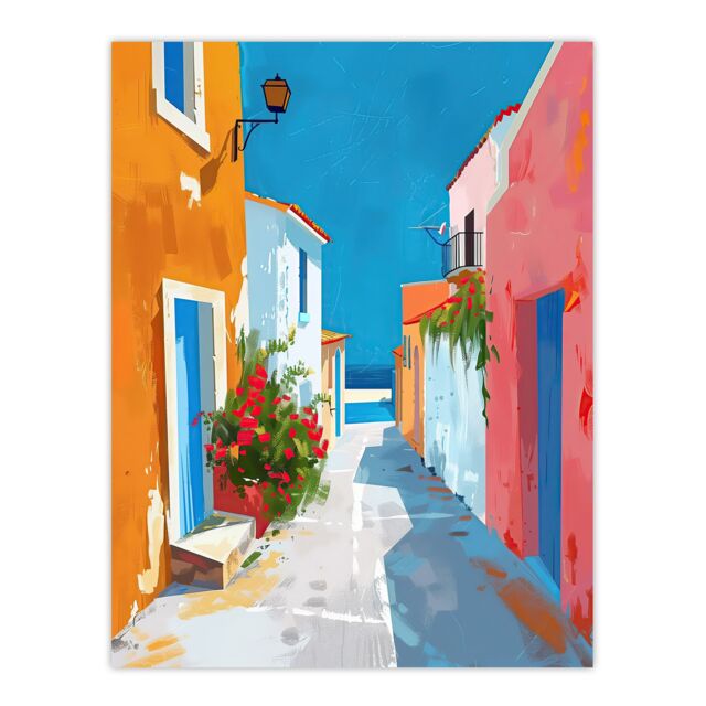 "Artery8 Greek Coastal Village Street Painting Calm Sunny Wall Art Print - Size: W12"" x H16""" - image 1