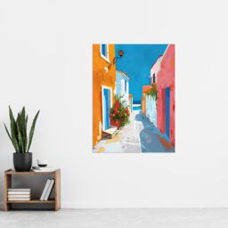 "Artery8 Greek Coastal Village Street Painting Calm Sunny Wall Art Print - Size: W12"" x H16""" - thumbnail 4