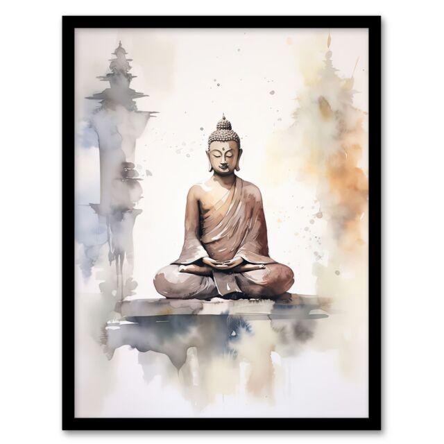 Artery8 Buddha Vihara Meditation Prayer Soft Neutral Watercolour Framed Art in Beige - Size: A4 - image 1