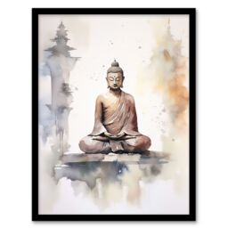 Artery8 Buddha Vihara Meditation Prayer Soft Neutral Watercolour Framed Art in Beige - Size: A4 - thumbnail 1