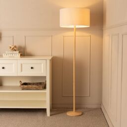 ValueLights Triston Natural Wood Floor Lamp with Linen Trim Shade & Bulb in White - thumbnail 1
