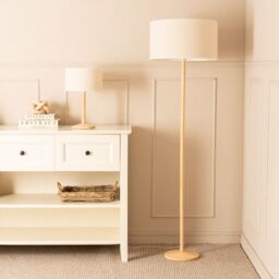 ValueLights Triston Natural Wood Floor Lamp with Linen Trim Shade & Bulb in White - thumbnail 4