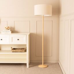 ValueLights Triston Natural Wood Floor Lamp with Linen Trim Shade & Bulb in White - thumbnail 5