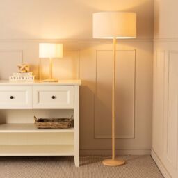 ValueLights Triston Natural Wood Floor Lamp with Linen Trim Shade & Bulb in White - thumbnail 3