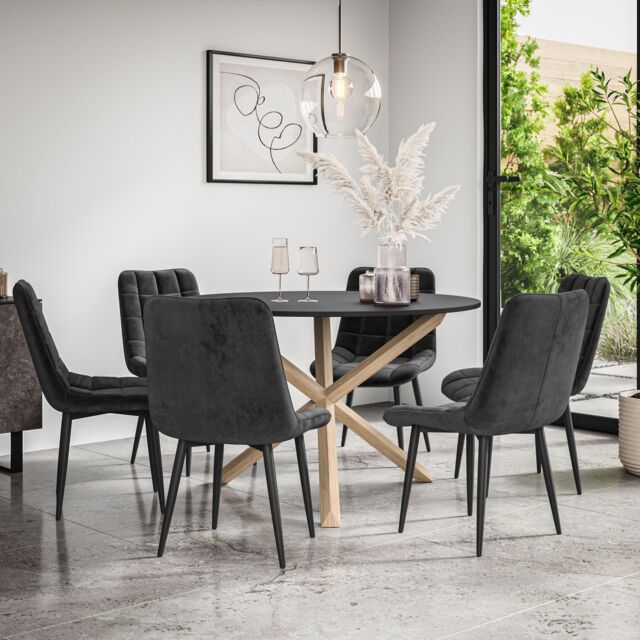 More4Homes Malvern Round Dining Table & Chairs - Black Table Top w Solid Oak Legs + Nova Velvet Dining Chair Set Of 6