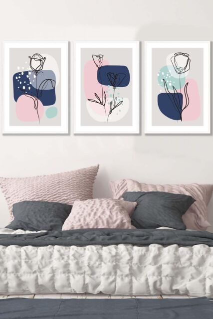 ARTZE Set of 3 White Framed Line Art Spring Flowers on Navy Pink Boho Shapes Wall Art - Size: W45 cm x H62 cm x D20mm - image 1