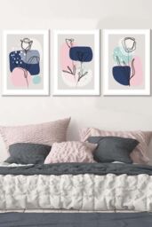 ARTZE Set of 3 White Framed Line Art Spring Flowers on Navy Pink Boho Shapes Wall Art - Size: W45 cm x H62 cm x D20mm - thumbnail 1