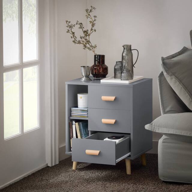 SoBuy Narrow Bedside Cabinet - 3 Drawers & Open Shelf in Grey - image 1