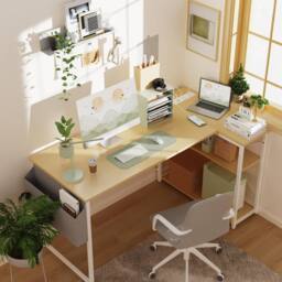 BEXEVUE 120cm Reversible Beige L Shaped Computer Gaming Desk with Power Outlet in Light Brown - Size: 120 cm x 70 cm - thumbnail 1