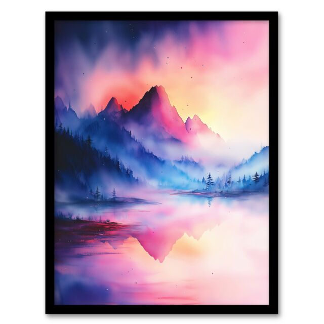 Artery8 Misty Mountain Forest Lake Sunset Sky Watercolour Framed Art Print in Pink - Size: A4 - image 1