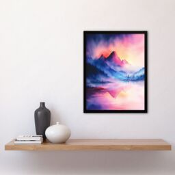 Artery8 Misty Mountain Forest Lake Sunset Sky Watercolour Framed Art Print in Pink - Size: A4 - thumbnail 4