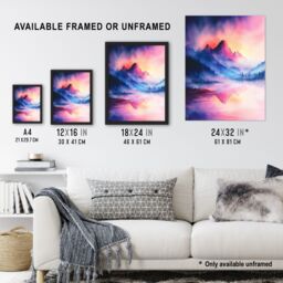 Artery8 Misty Mountain Forest Lake Sunset Sky Watercolour Framed Art Print in Pink - Size: A4 - thumbnail 3